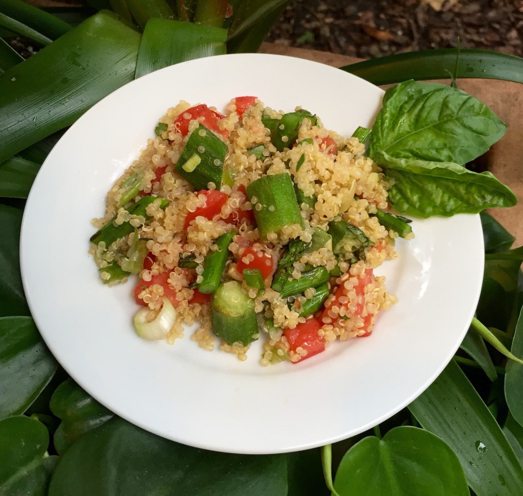 Grilled Okra and Fresh Tomato Quinoa